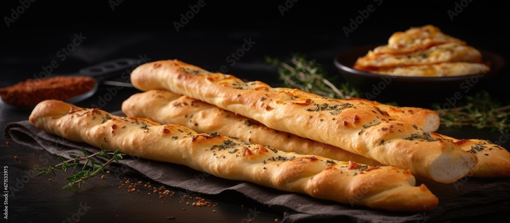 Yeast dough is used to make delicious cheesy breadsticks infused with flavorful spices such as garlic dill and sesame Yeast dough is used to make delicious cheesy breadsticks infused with flavorful spices such as garlic dill and sesame