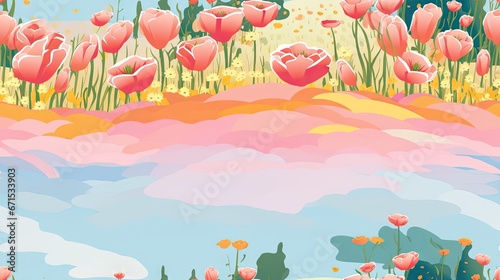  a painting of pink tulips in a field with a blue sky in the background and clouds in the foreground.  generative ai