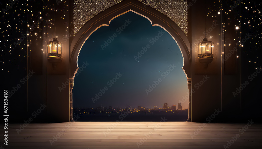 Arab arch with mosque, Ramadan concept - obrazy, fototapety, plakaty 