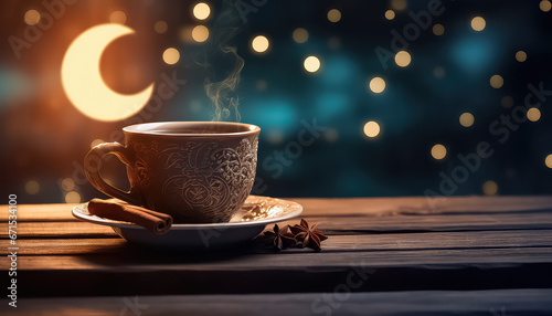 Cup of arabic coffee with crescent moon, ramadan concept