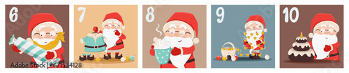 Cute advent calendar with Santa Claus, gift boxes, new year tree, presents, snow in cartoon style. Day 6, 7, 8, 9, 10. Countdown till 25. Christmas, New Year coloured vector illustration photo