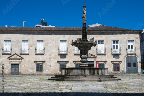 Minho University and Castle Fountain at Largo do Paco, Braga, Portugal, selective focus