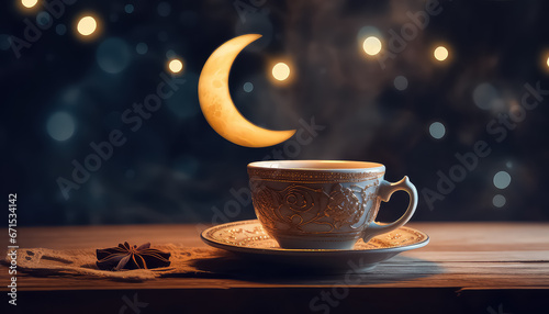 Cup of arabic coffee with crescent moon, ramadan concept photo