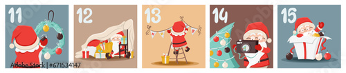 Cute advent calendar with Santa Claus, gift boxes, new year tree, presents, snow in cartoon style. Day 11, 12, 13, 14, 15. Countdown till 25. Christmas, New Year coloured vector illustration photo