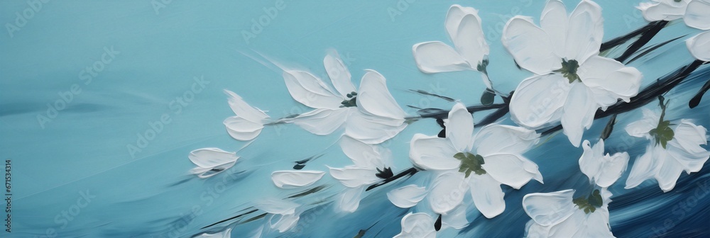 Minimal white blossom flowers blooming on a branch with cloudy ocean blue background, panoramic palette knife impasto painting.