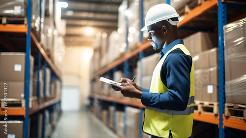 Portrait of confident African-American worker writing on clipboard in warehouse