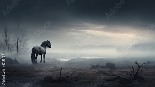  a horse standing in the middle of a field on a foggy day with a dark sky in the background. generative ai
