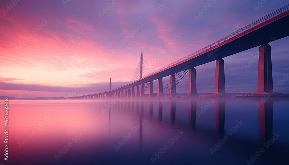 a beautiful sunset at a beach with a bridge
