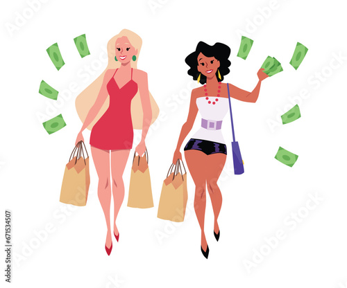 Beautiful fashion women with shopping bags, rich girls in sexy clothes and flying money, vector luxury glamour lifestyle