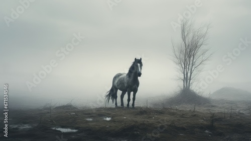  a horse standing in a field on a foggy day with a tree in the foreground and a bare tree in the background. generative ai