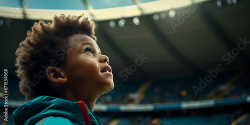 side view of little poc boy watching sport in stadium wearing blue looking into stand  photo