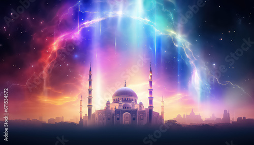 Beautiful mosque with colored smoke and clouds in the sky, ramadan concept