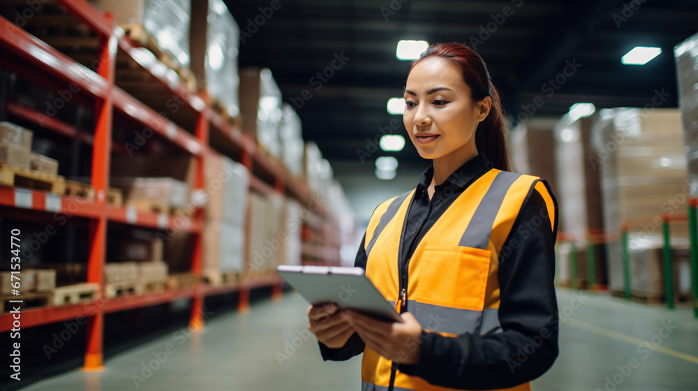 Naklejka premium Female staff using digital tablet in warehouse. This is a freight transportation and distribution warehouse. Industrial and industrial workers concept