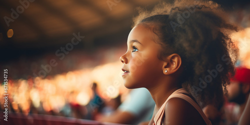 side view of little girl watching sport in stadium in awe photo
