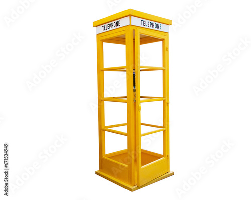 Old yellow phone booth isolated on cut out PNG. Public telephone booth Designed by Sir Gilles Gilbert Scott, familiar symbol on UK road (yellow telephone box). photo