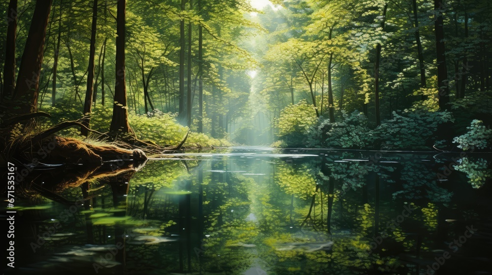 Fototapeta premium a forest filled with lots of trees and a body of water surrounded by lush green grass and a forest filled with lots of trees. generative ai