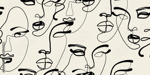 Seamless pattern line drawing of women with different faces.
