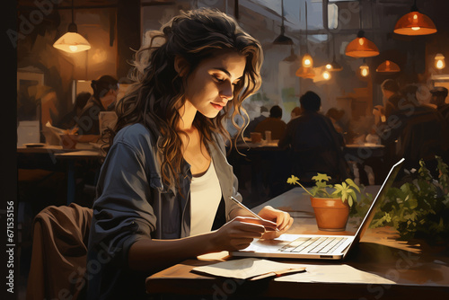 Beautiful girl immersed in her remote work  gracefully using her laptop in the cozy ambiance of a coffee shop. Ai generated