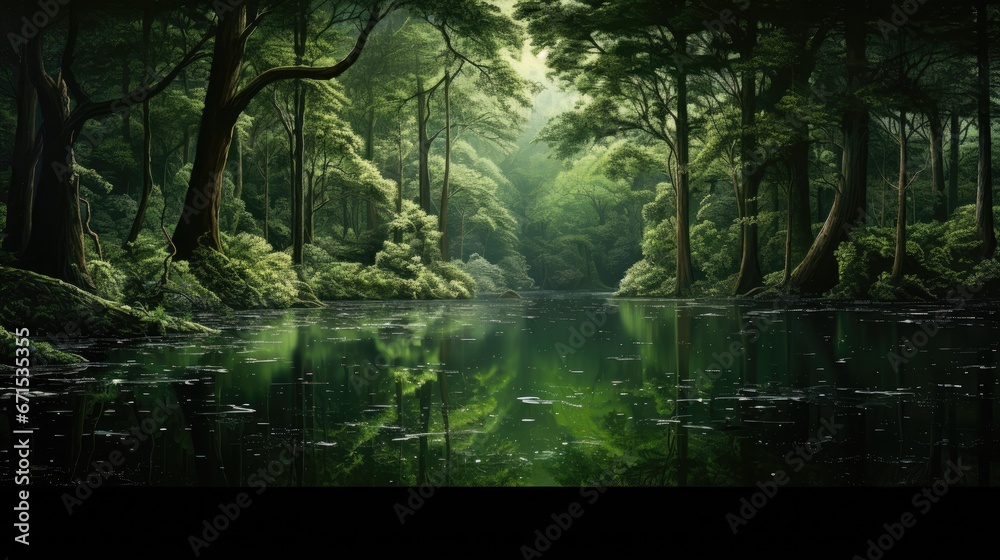  a painting of a green forest with a river running through the center of the forest and trees on both sides of the river.  generative ai
