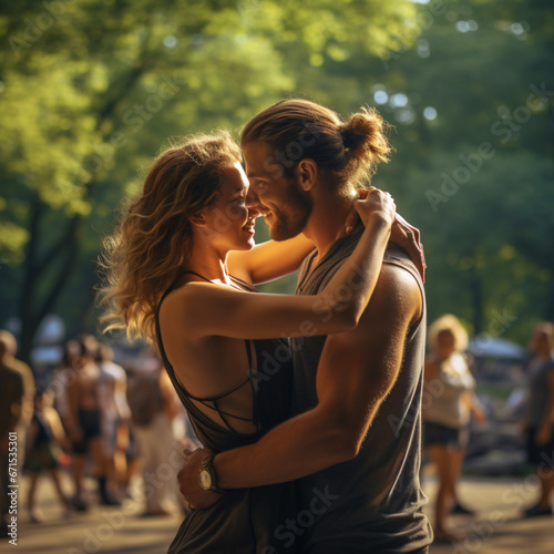 a happy couple hugging wrapped around in a park