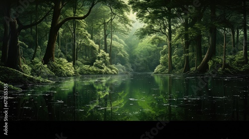  a painting of a green forest with a river running through the center of the forest and trees on both sides of the river. generative ai
