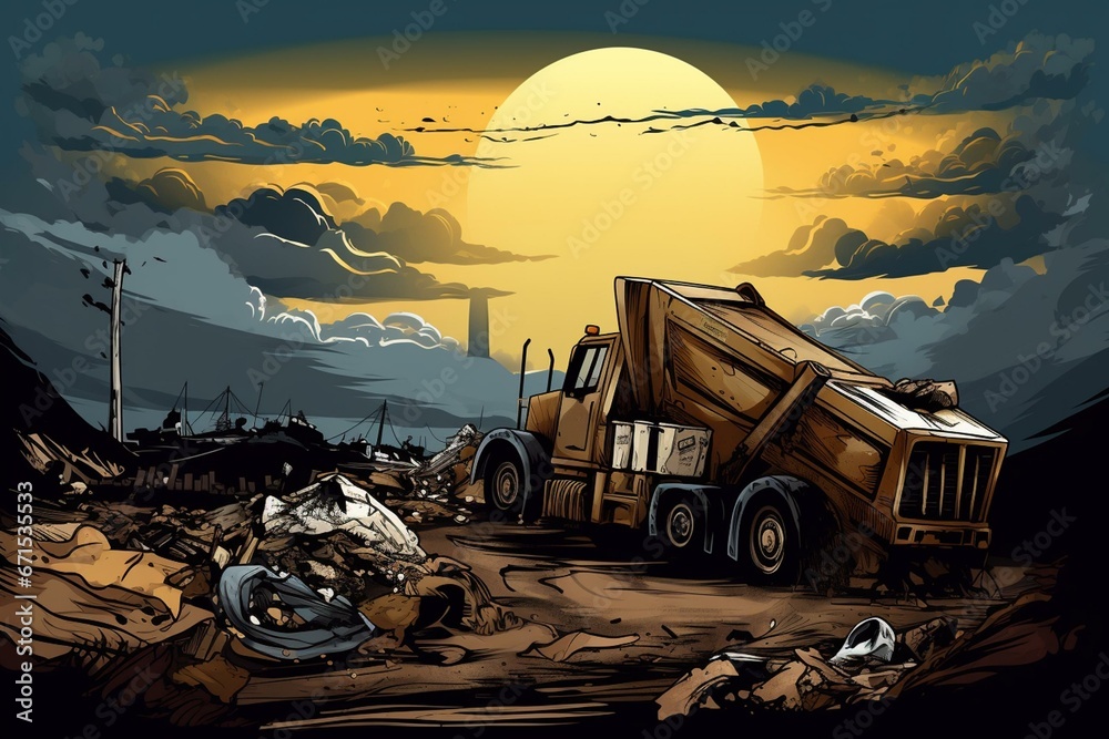 Dumped junk, landfill, backhoe, truck, trash piles, polluted sky