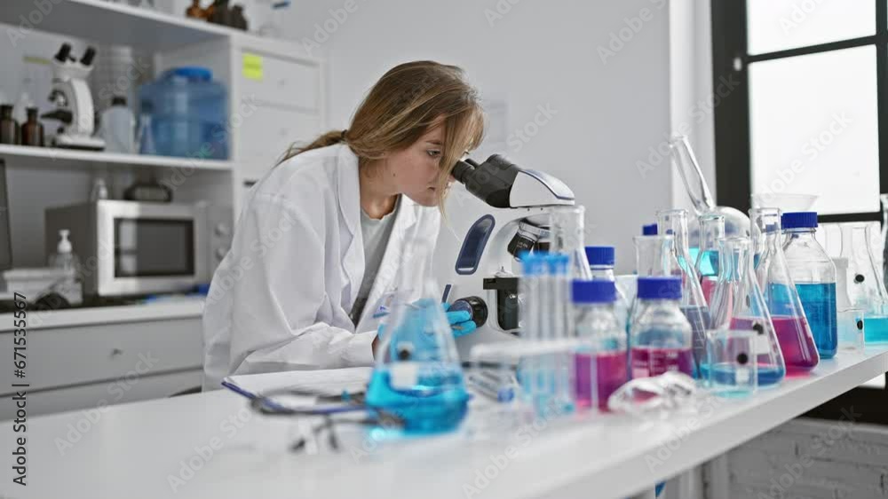Dazzling young blonde scientist in busy lab scribbles down document of insights after magnified microscopic discovery in groundbreaking medical research. Dazzling young blonde scientist in busy lab scribbles down document of insights after magnified microscopic discovery in groundbreaking medical research.