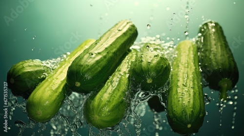  a group of cucumbers floating on top of a body of water with drops of water all around them.  generative ai