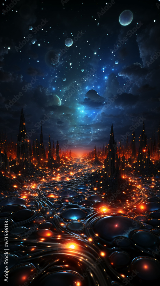 Fototapeta premium dark glowing 3D backdrop perspective with cosmic landscape background 9:16 smartphone wallpapers