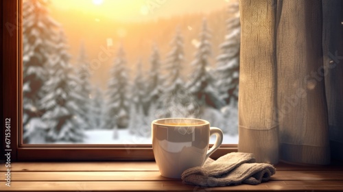  a cup of coffee sitting on top of a window sill next to a blanket and a window sill. generative ai