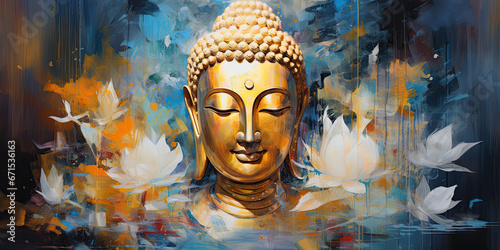 Abtract painting of golden buddha and lotus