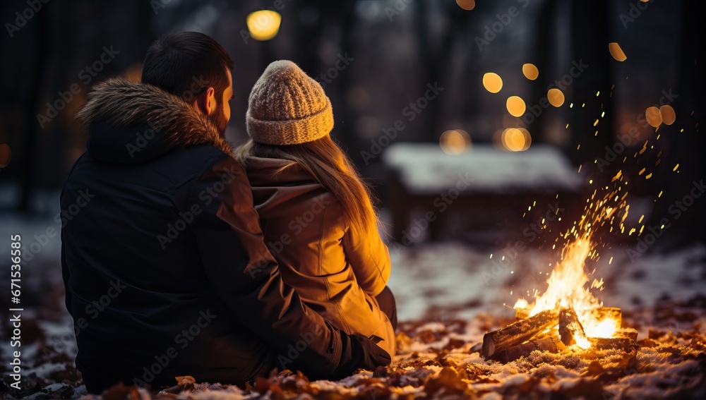 Couple sitting near the bonfire in the winter forest at night