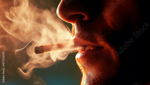 Stop smoking cigarettes concept. Portrait cigarette in mouth. Background surrounded with smoke. quitting smoking cigarettes. Quit bad habit, health care concept. No smoking. Copy space