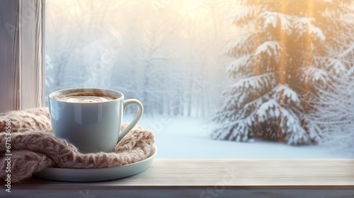  a cup of coffee on a saucer next to a blanket on a window sill in front of a snowy forest. generative ai