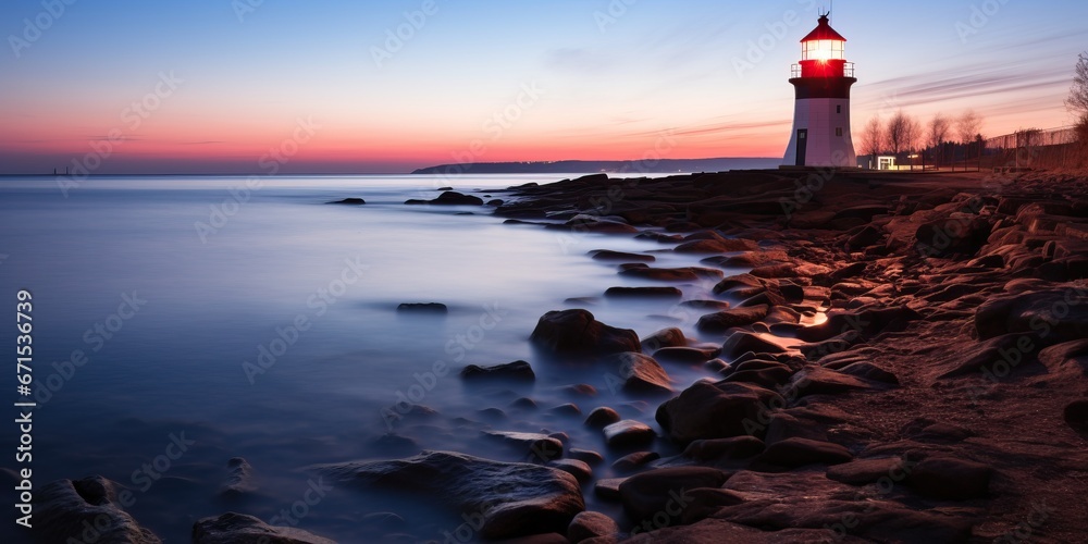 Lighthouse on the shore of the Baltic Sea at sunset