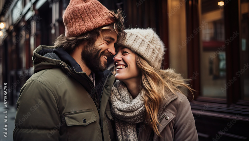 Happy young couple in warm clothes hugging and smiling while walking in the city