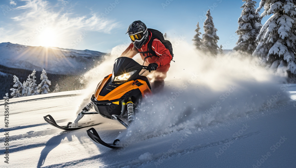Athlete on a snowmobile moving in the mountains at sunset.