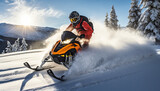Athlete on a snowmobile moving in the mountains at sunset.
