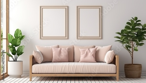 interior with brown sofa and mock up posters