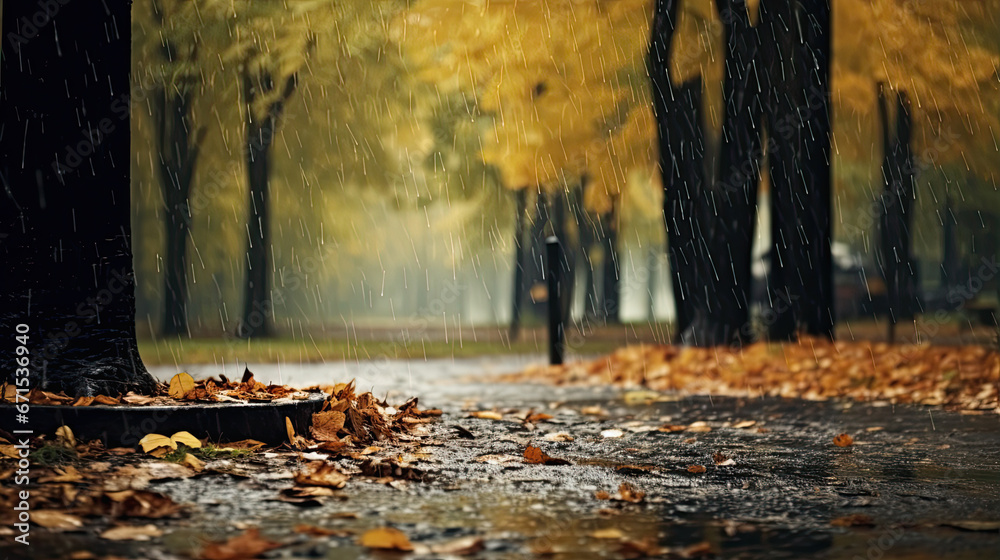 landscape autumn rain drops splashes in the forest background, october weather landscape beautiful park - obrazy, fototapety, plakaty 