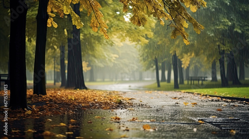 landscape autumn rain drops splashes in the forest background, october weather landscape beautiful park © Ziyan