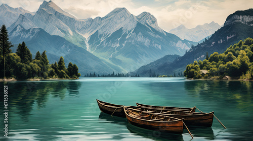 high view canoes at the lake with mountains in the background © Kien