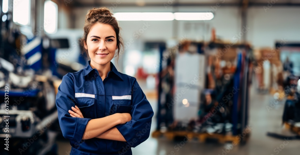 Smiling young  car mechanic woman posing with arm crossed  in auto repair shop, mechanic woman happy working in car garage,  - obrazy, fototapety, plakaty 
