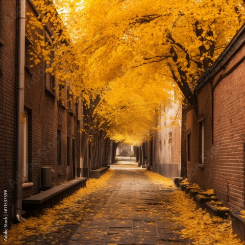 a alley with yellow leaves on trees
