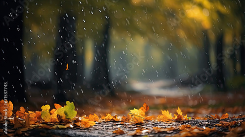 landscape autumn rain drops splashes in the forest background  october weather landscape beautiful park