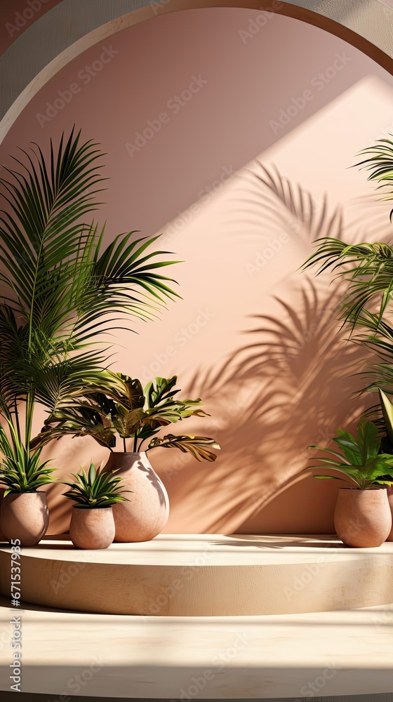 Fototapeta premium Minimal product placement background with palm shadow on concrete wall. Luxury summer architecture interior aesthetic. Modern tropical mockup design. Background with shadow. Generative AI