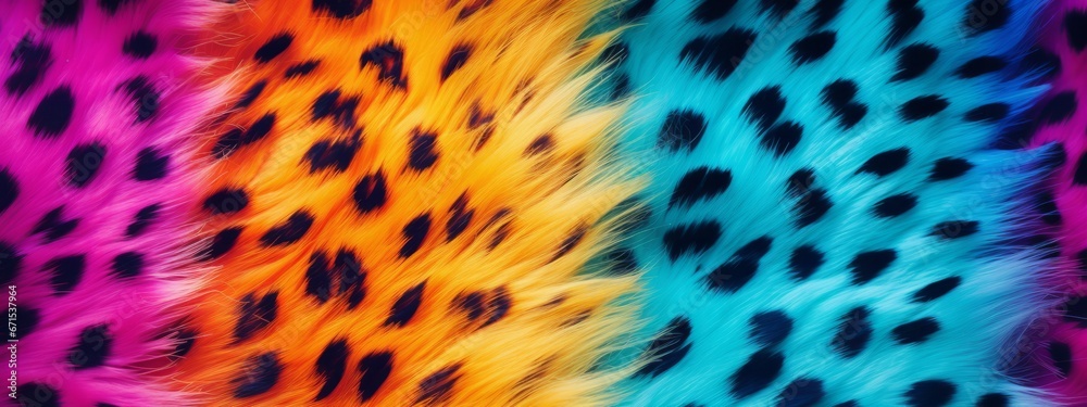 Rainbow leopard fur seamless pattern background. Animal skin texture in retro fashion style. - obrazy, fototapety, plakaty 