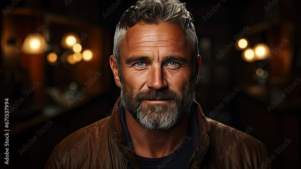 Smiling mature man standing over background. Looking camera. Man face portrait illustration. Generative AI Smiling mature man standing over background. Looking camera. Man face portrait illustration. Generative AI