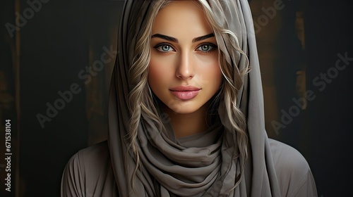 Portrait of islamic woman smiling. Pretty muslim girl. Beautiful asian muslimah woman model posing on grey wall studio. Portrait Of Arab Beauty. Smile emotion illustration. Generative AI art