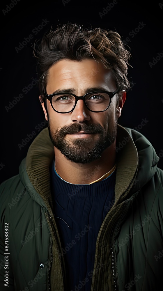 Obraz premium Young handsome man with beard wearing casual sweater and glasses over background happy face smiling with crossed arms looking at the camera. Smile emotion illustration. Generative AI